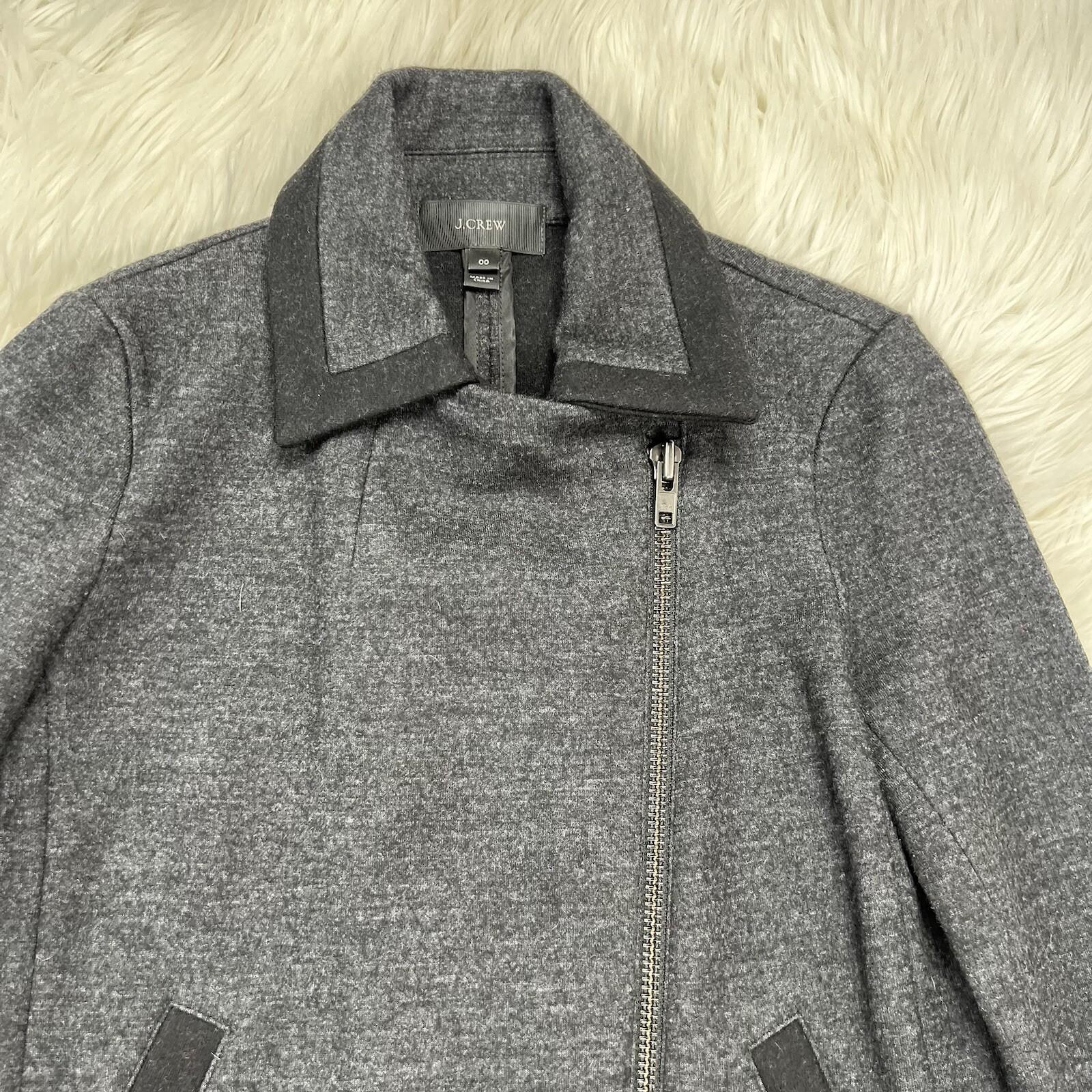 J Crew Wool Blend Jacket Size 00 Charcoal Gray Motorcycle Full Zip Long Sleeve