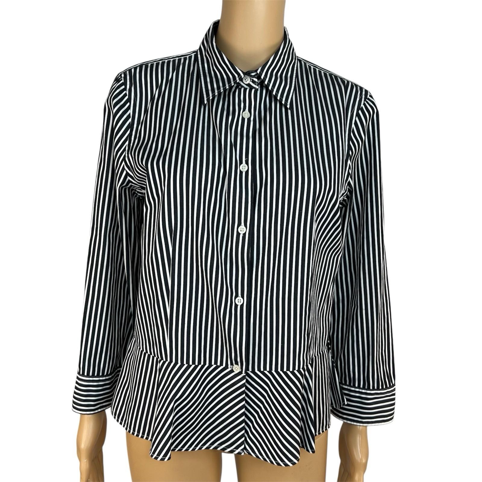 10-3189.jpg Lauren Ralph Lauren Women Cotton Button Up Shirt 12 Black White Striped Ruffle