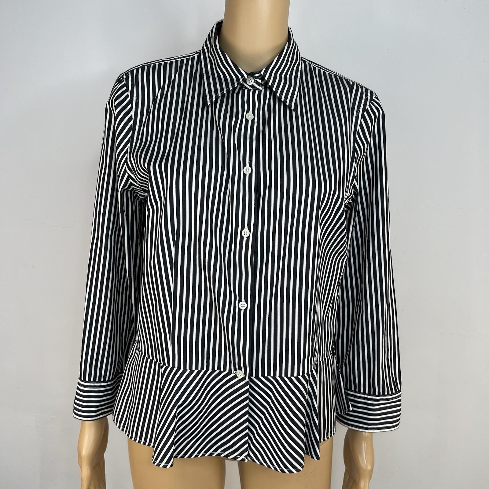 10-3190.jpg Lauren Ralph Lauren Women Cotton Button Up Shirt 12 Black White Striped Ruffle
