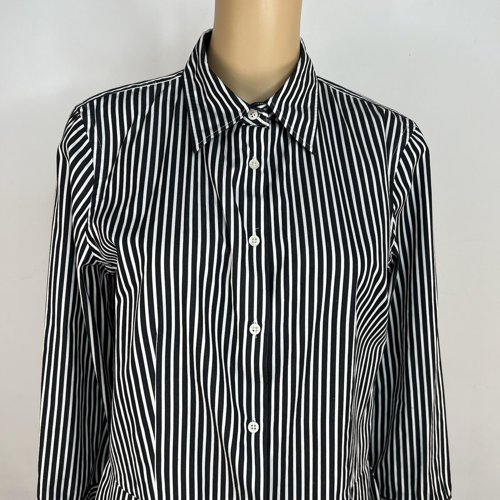 10-3191.jpg Lauren Ralph Lauren Women Cotton Button Up Shirt 12 Black White Striped Ruffle