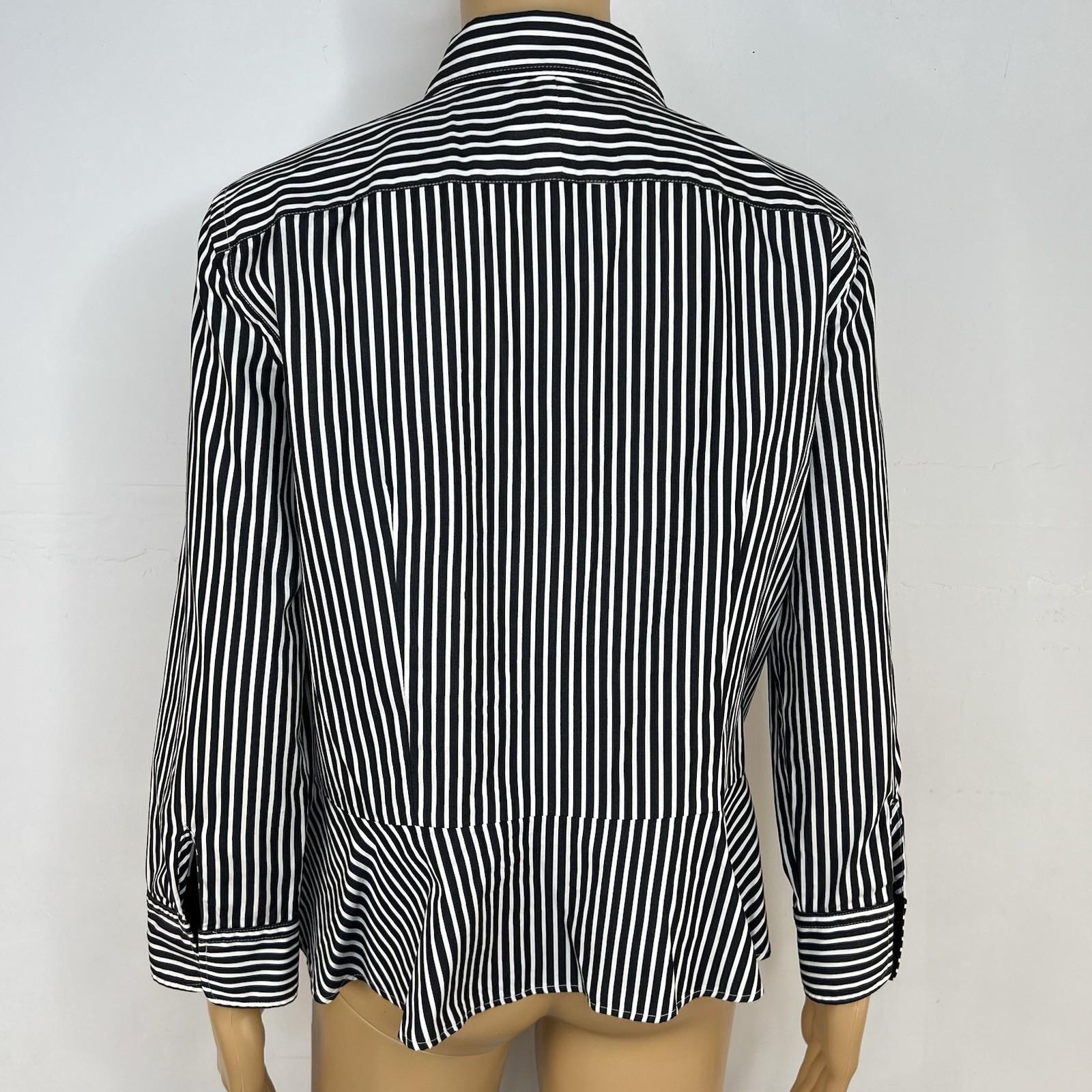 10-3192.jpg Lauren Ralph Lauren Women Cotton Button Up Shirt 12 Black White Striped Ruffle