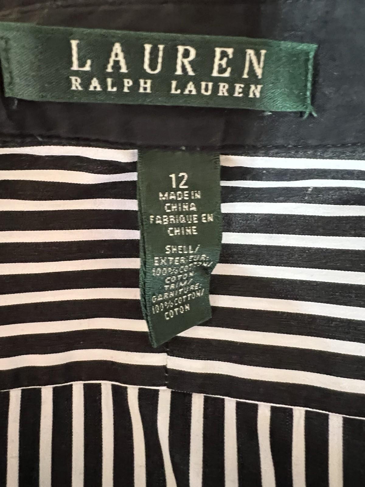 10-3195.jpg Lauren Ralph Lauren Women Cotton Button Up Shirt 12 Black White Striped Ruffle