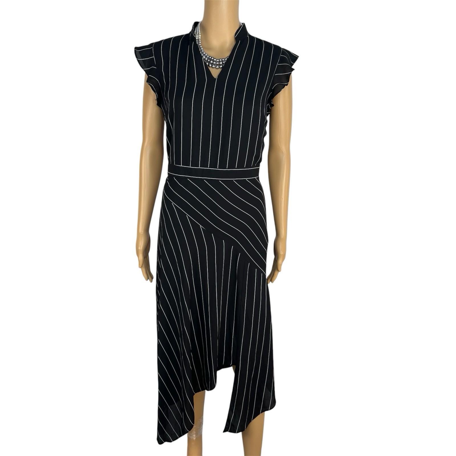 Nanette Lepore Asymmetrical Dress 8 Black White Striped Flutter Sleeve V neck