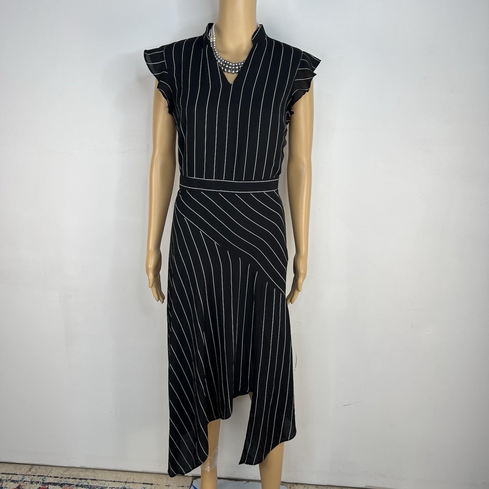 Nanette Lepore Asymmetrical Dress 8 Black White Striped Flutter Sleeve V neck