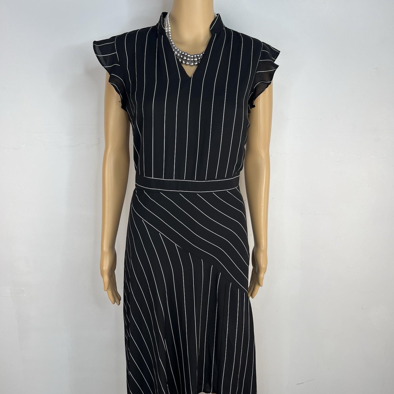 Nanette Lepore Asymmetrical Dress 8 Black White Striped Flutter Sleeve V neck