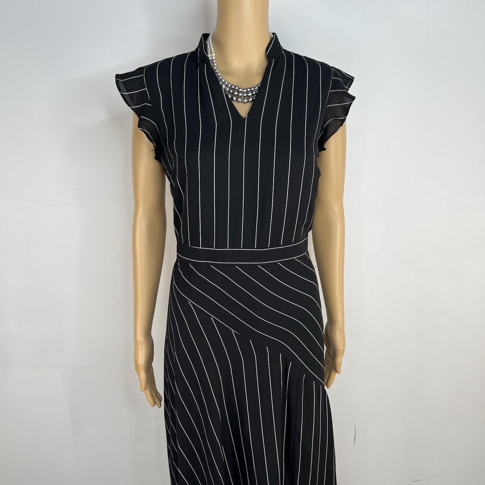 Nanette Lepore Asymmetrical Dress 8 Black White Striped Flutter Sleeve V neck