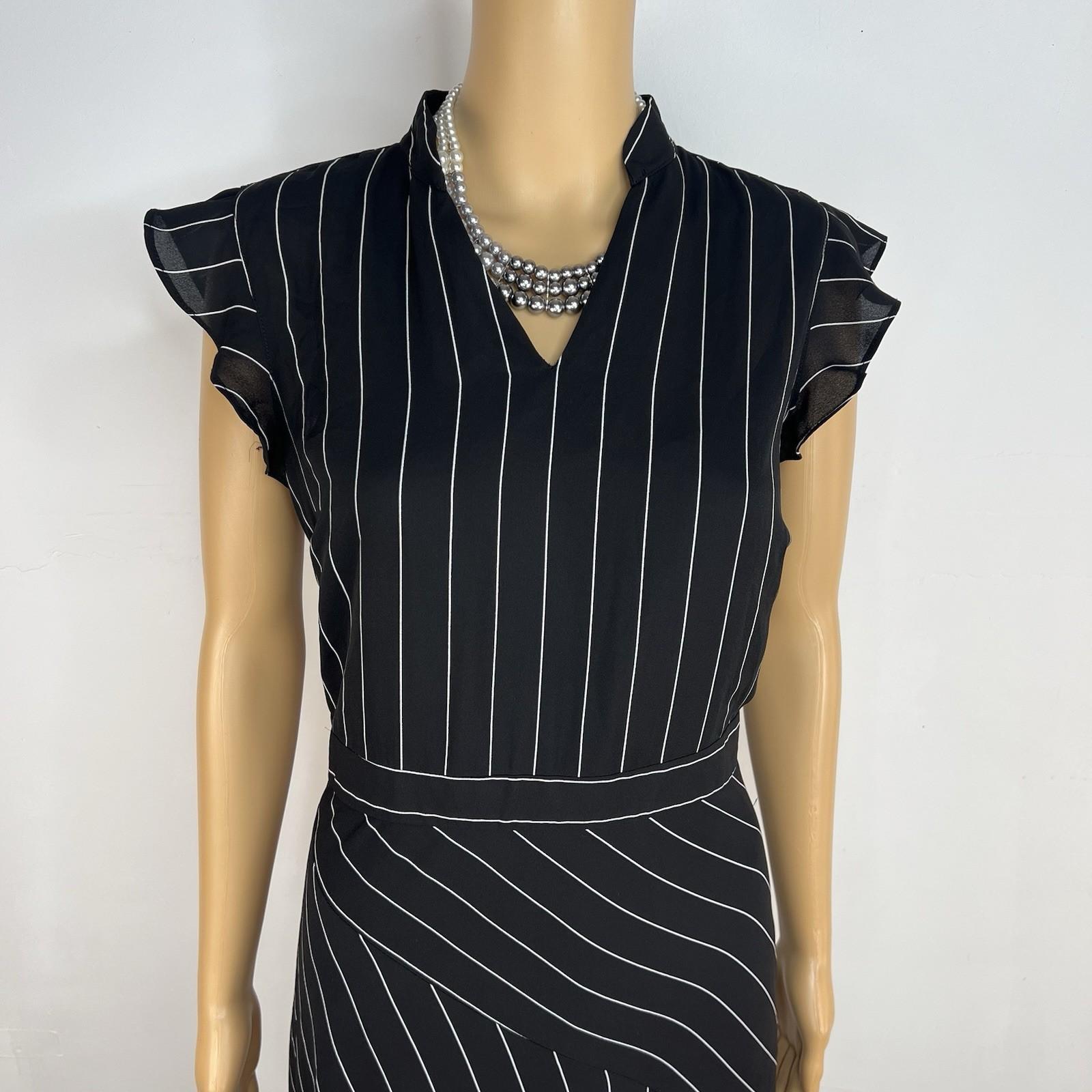 Nanette Lepore Asymmetrical Dress 8 Black White Striped Flutter Sleeve V neck