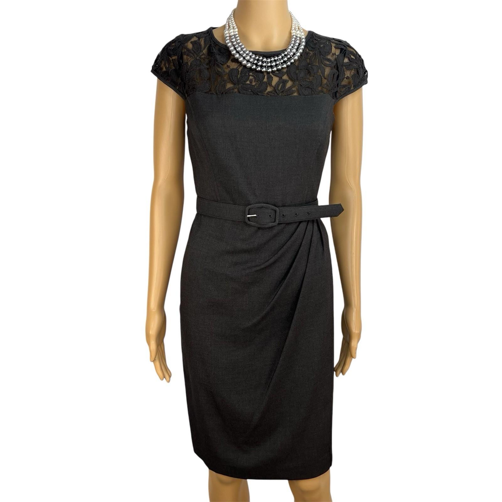 10-3205.jpg New Directions Cotton Spandex Lace Wrap Dress 8 Charcoal Scoop Neck Belted Lined
