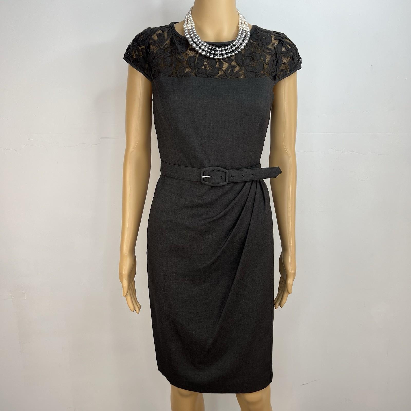 10-3206.jpg New Directions Cotton Spandex Lace Wrap Dress 8 Charcoal Scoop Neck Belted Lined