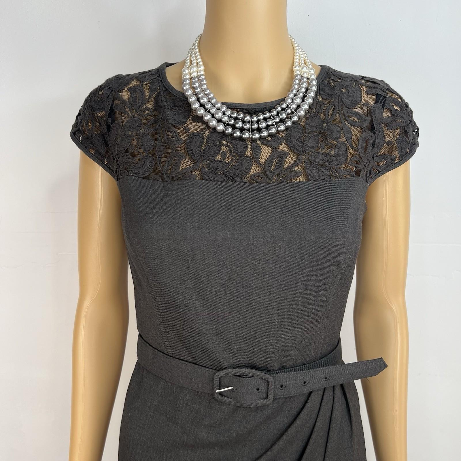 10-3207.jpg New Directions Cotton Spandex Lace Wrap Dress 8 Charcoal Scoop Neck Belted Lined