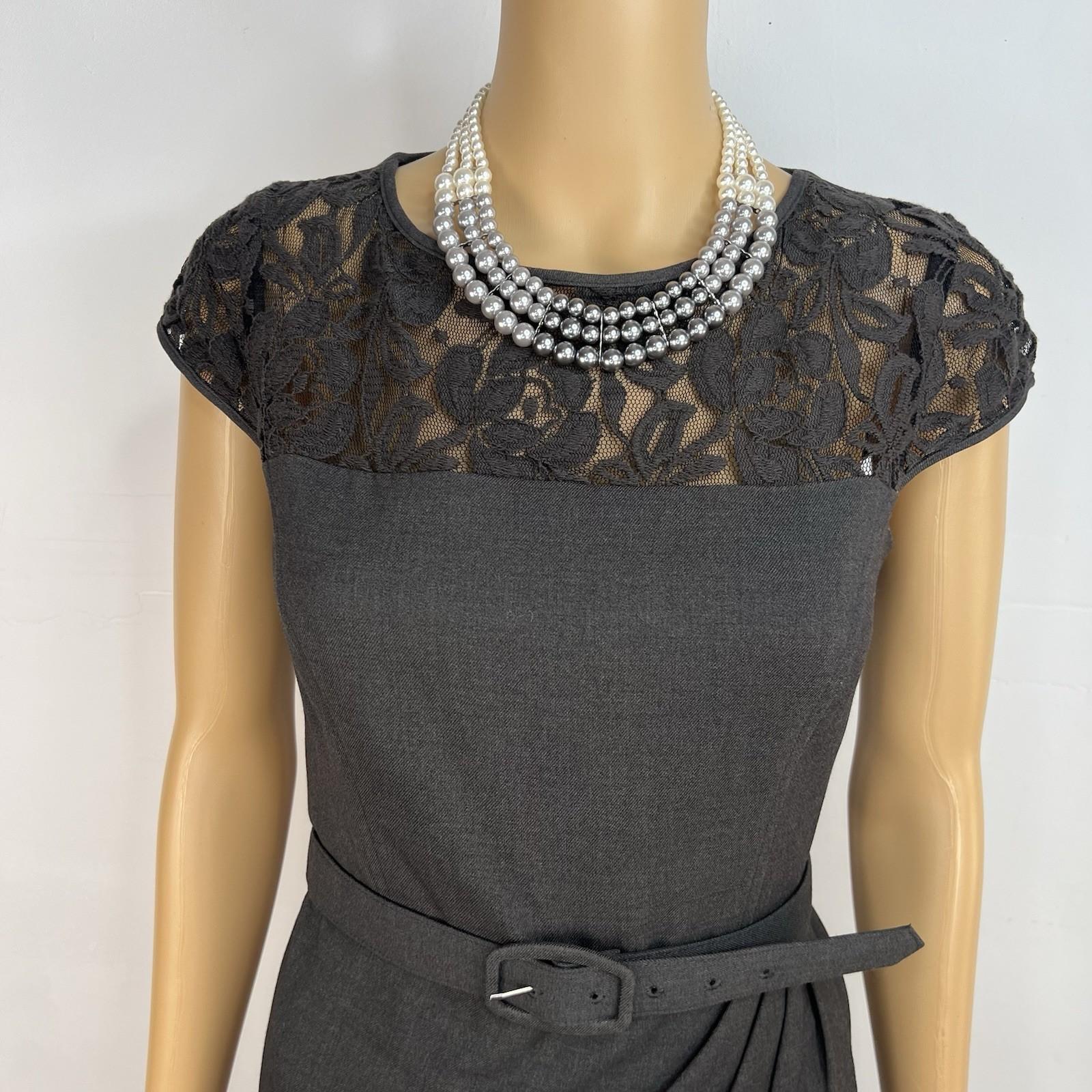 10-3208.jpg New Directions Cotton Spandex Lace Wrap Dress 8 Charcoal Scoop Neck Belted Lined