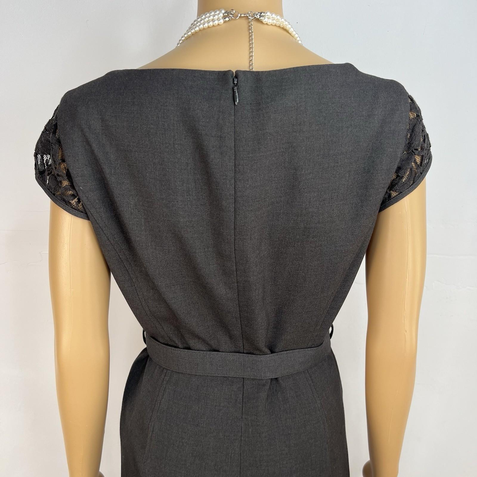 10-3211.jpg New Directions Cotton Spandex Lace Wrap Dress 8 Charcoal Scoop Neck Belted Lined