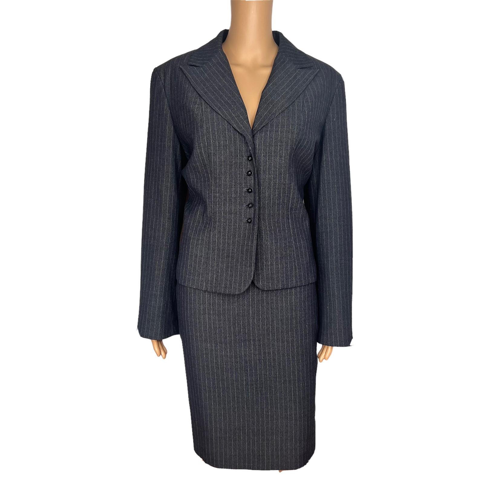 LARRY LEVINE 2PC Gray Striped Polyester Rayon Spandex Career Skirt Suit Size 12
