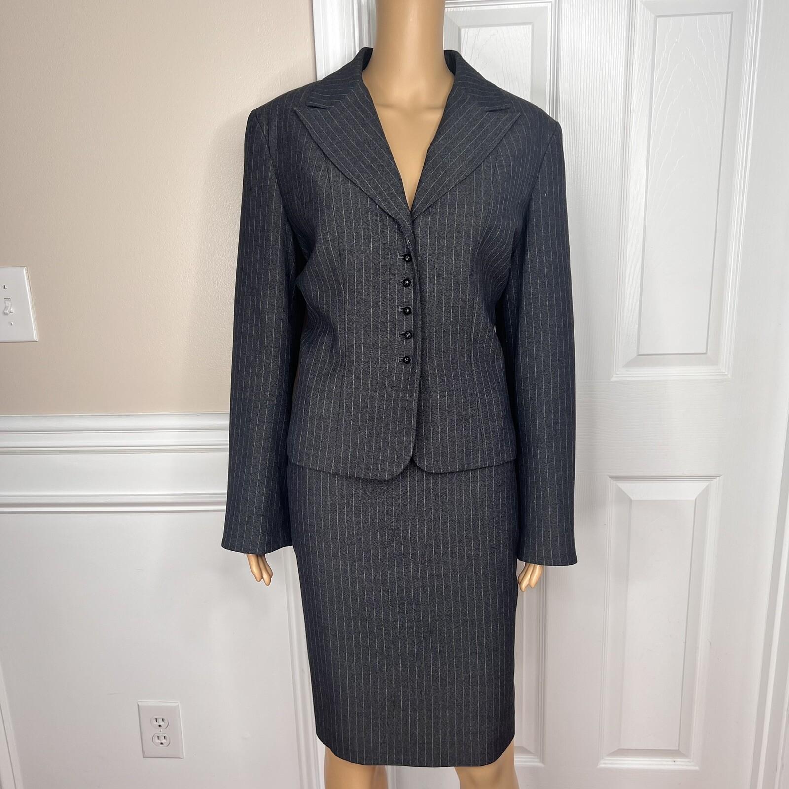 LARRY LEVINE 2PC Gray Striped Polyester Rayon Spandex Career Skirt Suit Size 12