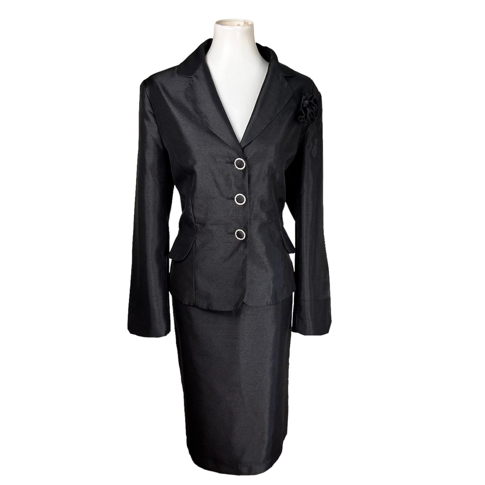 DANILLO Skirt Suit Size 14 Polyester Black Lined Single Breasted Tiered 2PC