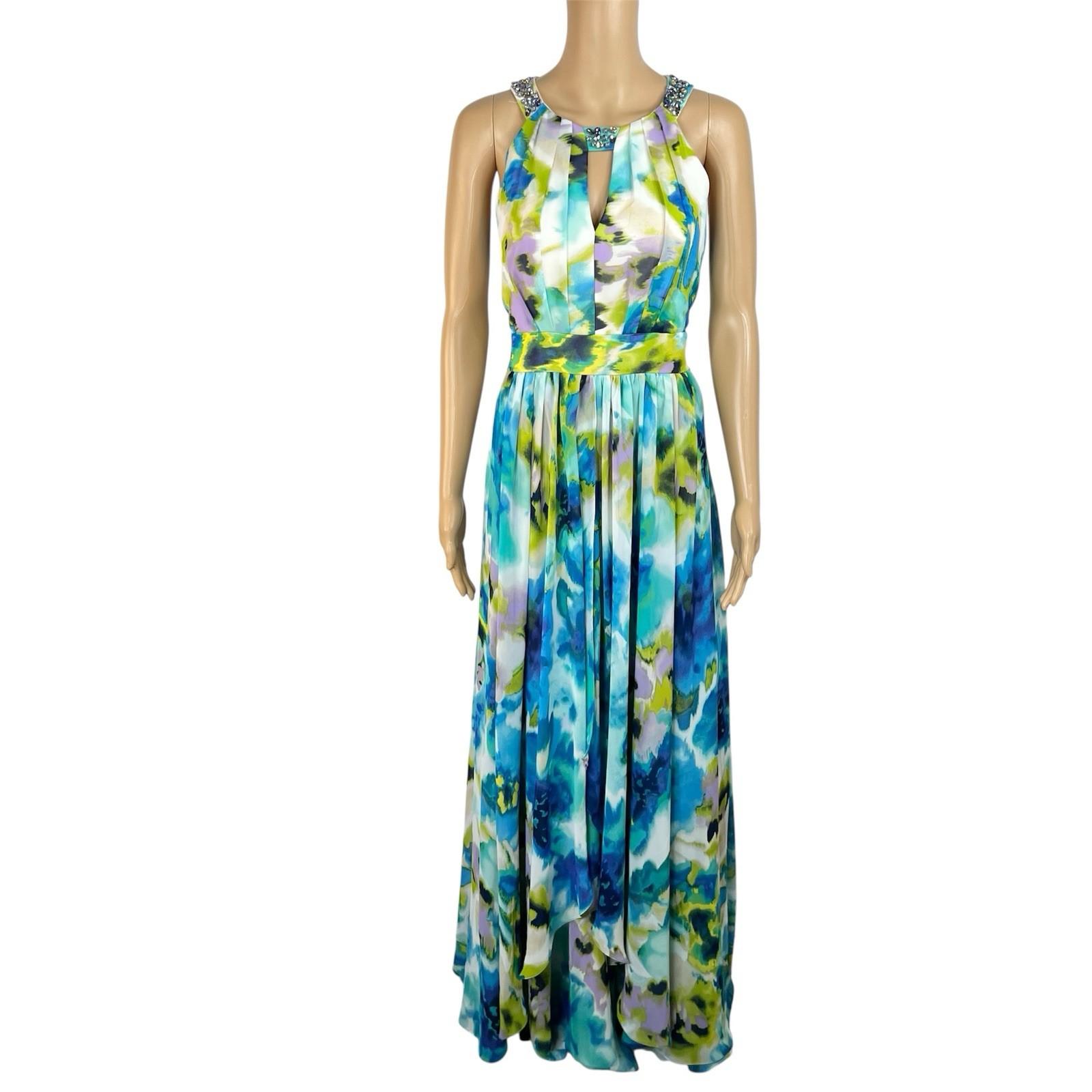 Eliza J Maxi Dress 6 Beaded Floral Green Halter Neck Ruffle Flowy Sleeveless
