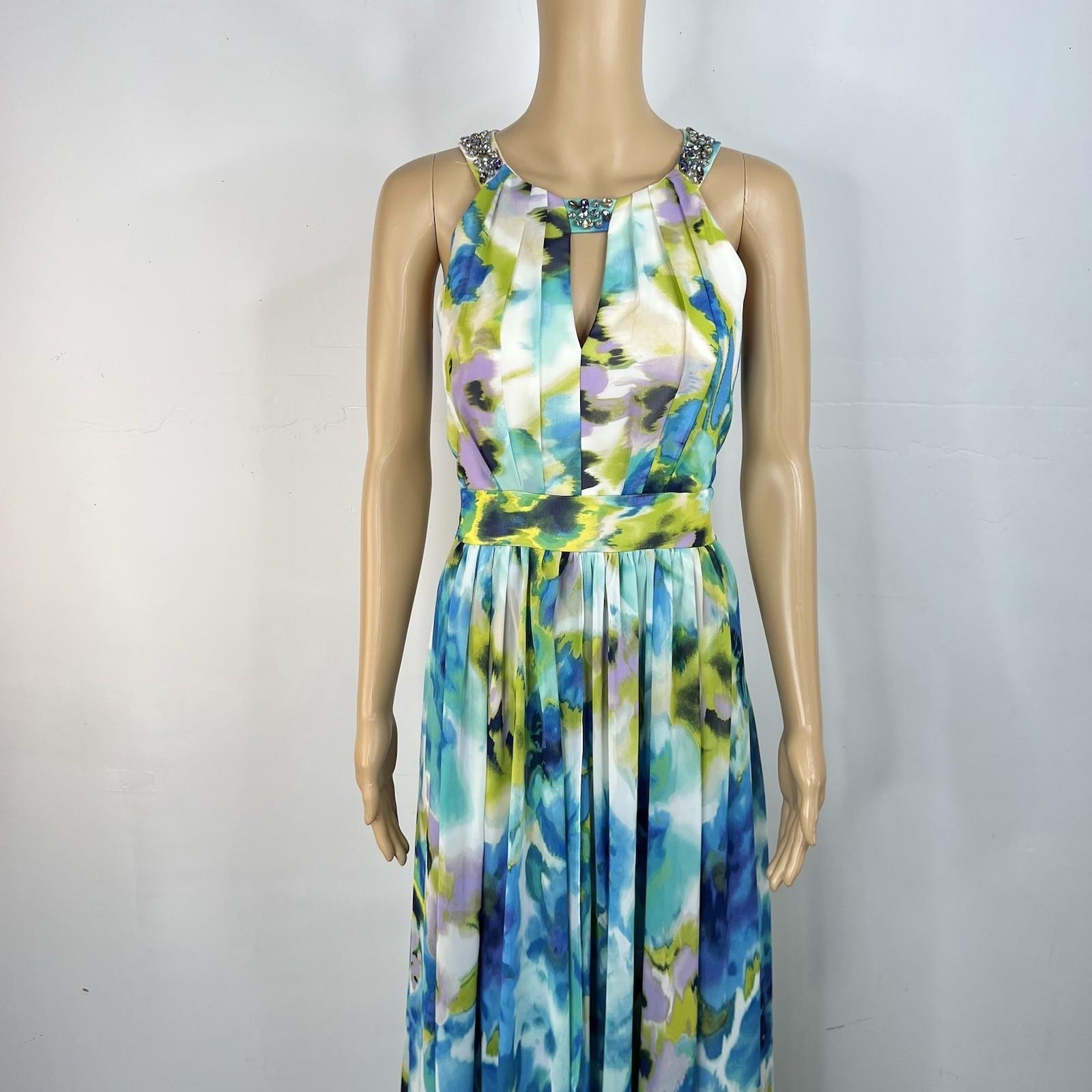 Eliza J Maxi Dress 6 Beaded Floral Green Halter Neck Ruffle Flowy Sleeveless