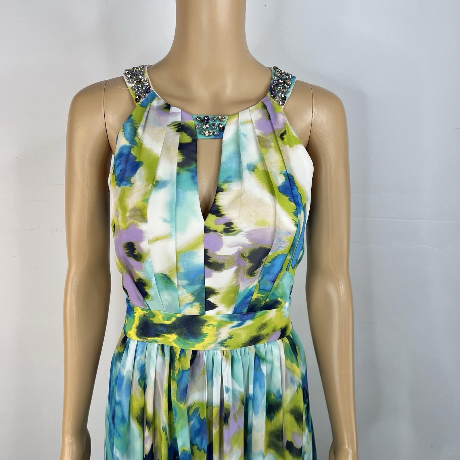Eliza J Maxi Dress 6 Beaded Floral Green Halter Neck Ruffle Flowy Sleeveless