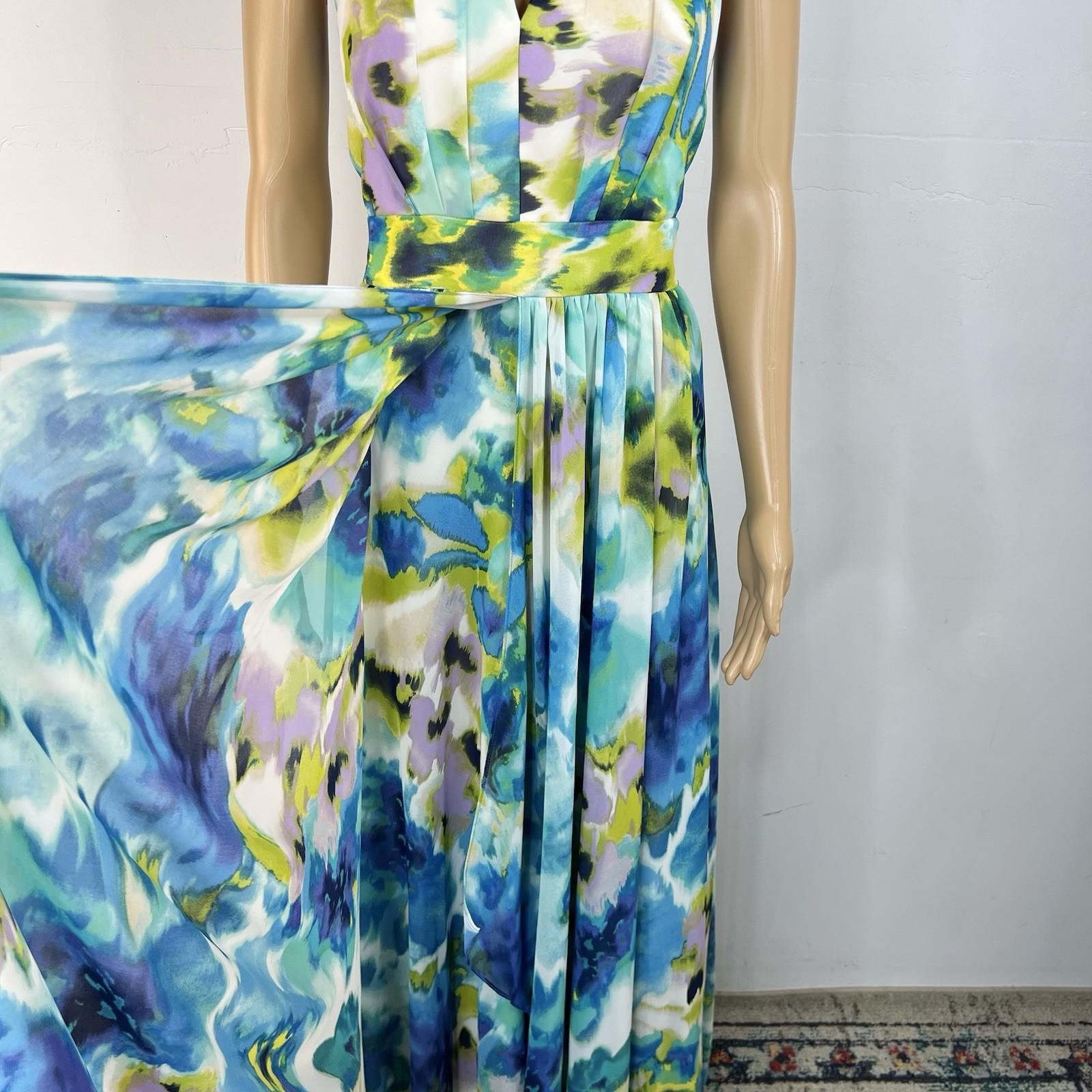 Eliza J Maxi Dress 6 Beaded Floral Green Halter Neck Ruffle Flowy Sleeveless