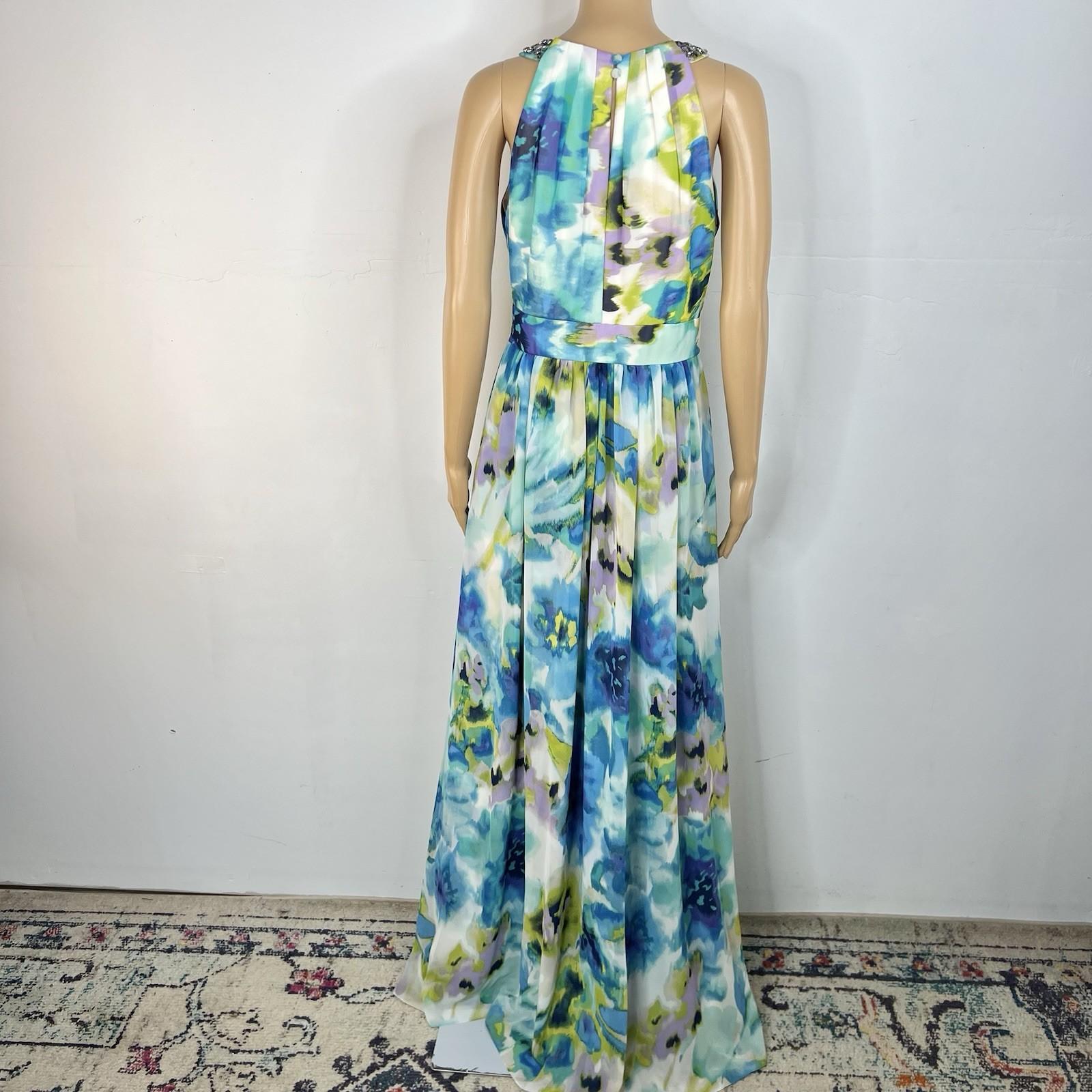 Eliza J Maxi Dress 6 Beaded Floral Green Halter Neck Ruffle Flowy Sleeveless