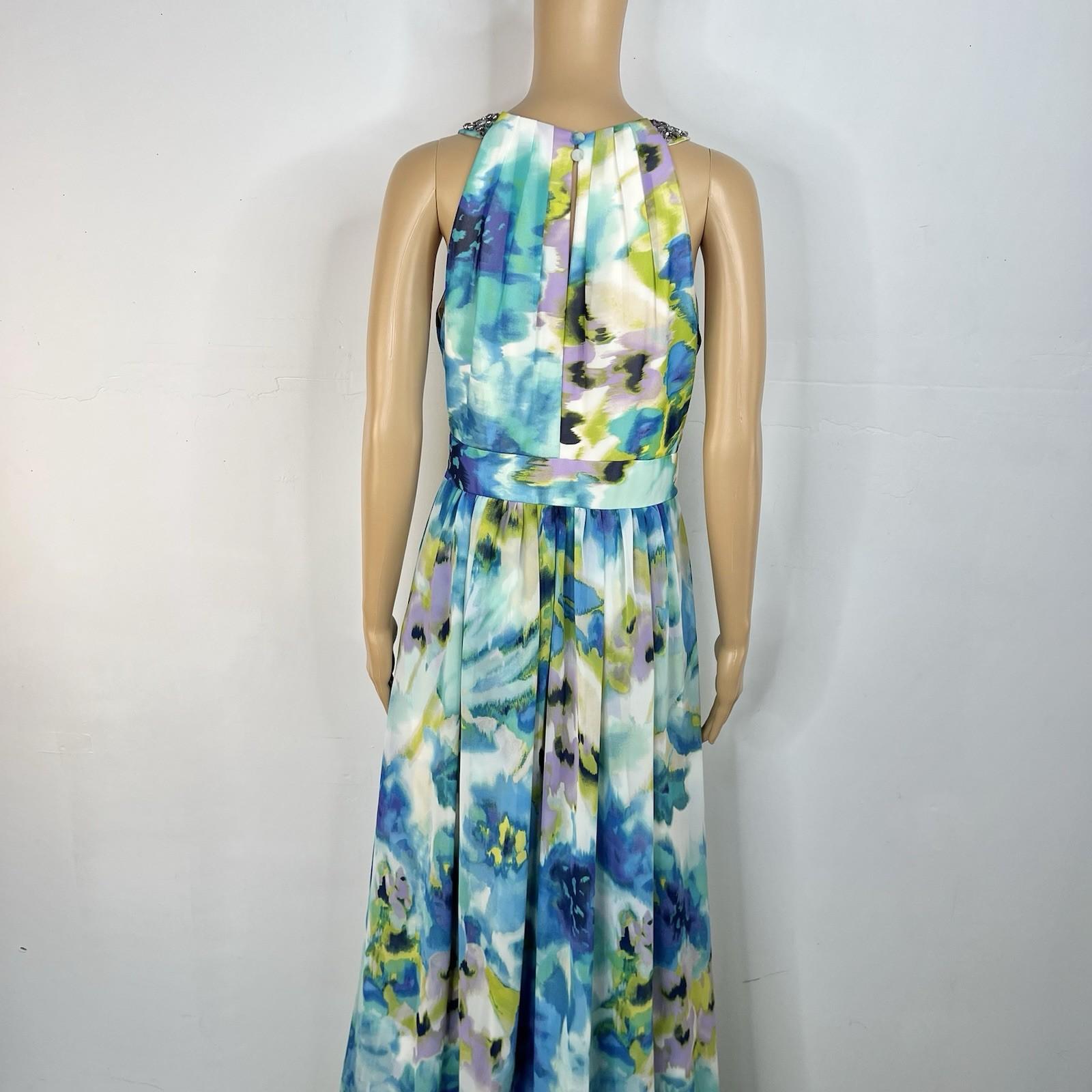Eliza J Maxi Dress 6 Beaded Floral Green Halter Neck Ruffle Flowy Sleeveless