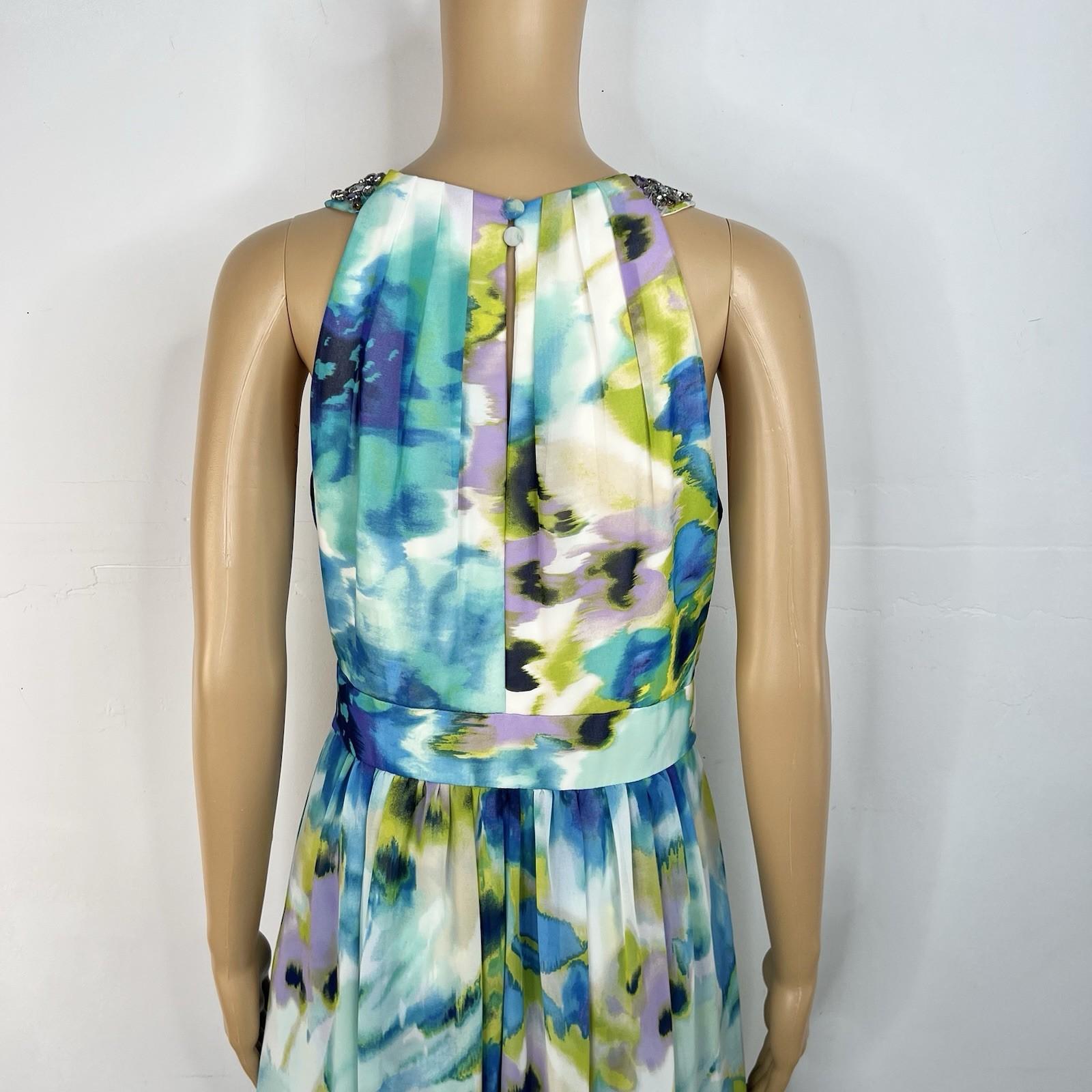 Eliza J Maxi Dress 6 Beaded Floral Green Halter Neck Ruffle Flowy Sleeveless
