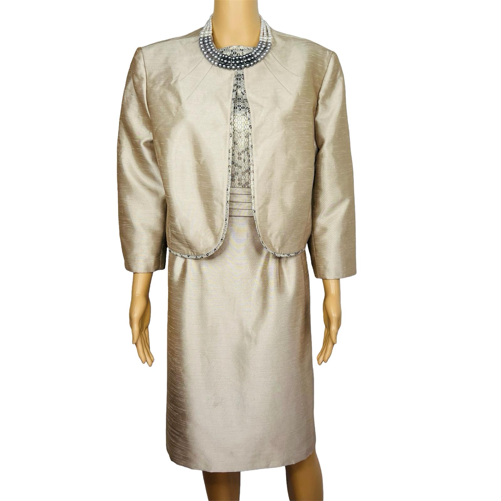 New TAHARI ASL 2PC Beige Taupe Polyester Rayon Metallic Lined Dress Suit 16