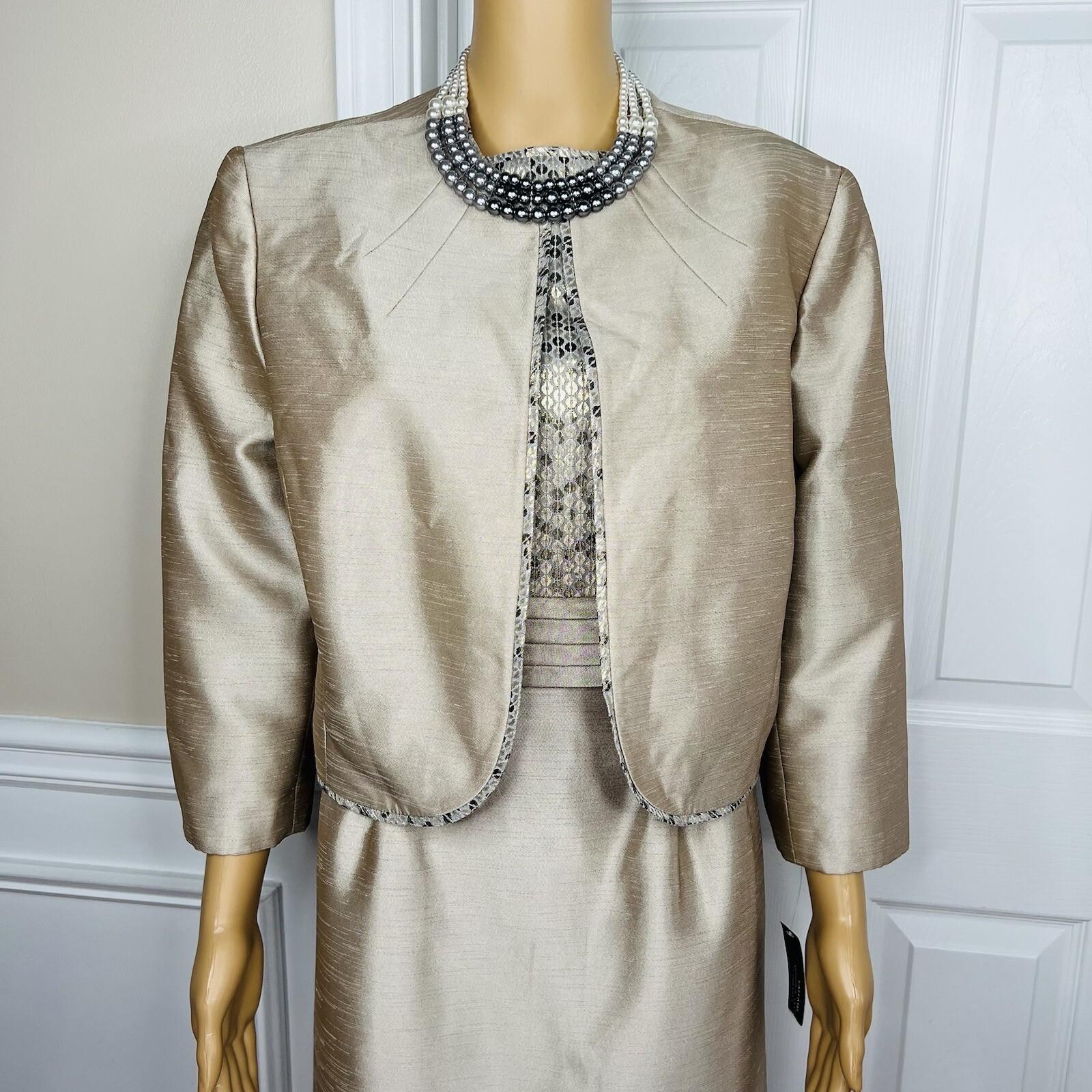 New TAHARI ASL 2PC Beige Taupe Polyester Rayon Metallic Lined Dress Suit 16