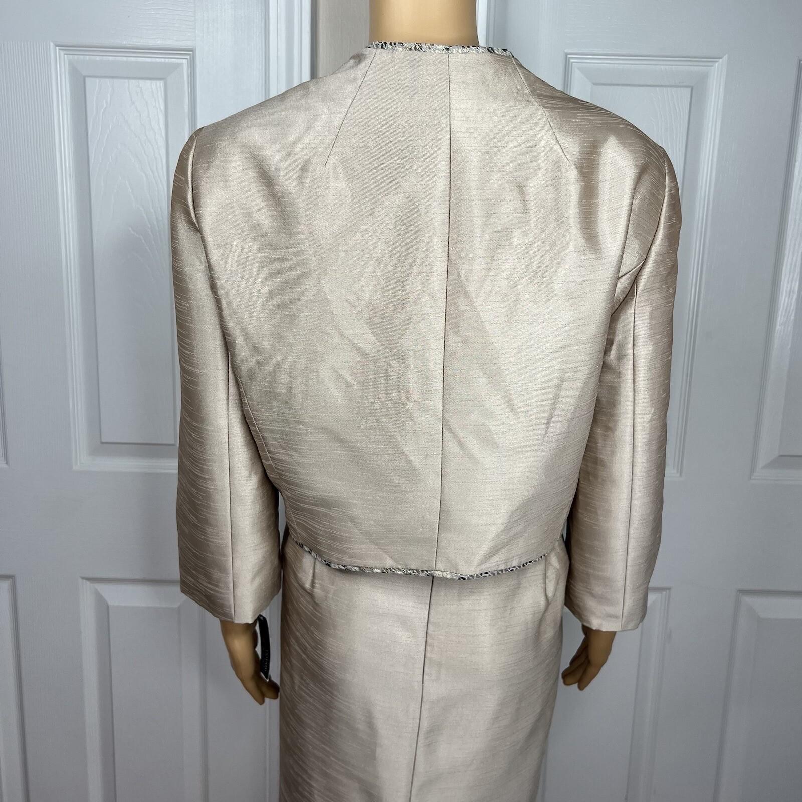 New TAHARI ASL 2PC Beige Taupe Polyester Rayon Metallic Lined Dress Suit 16
