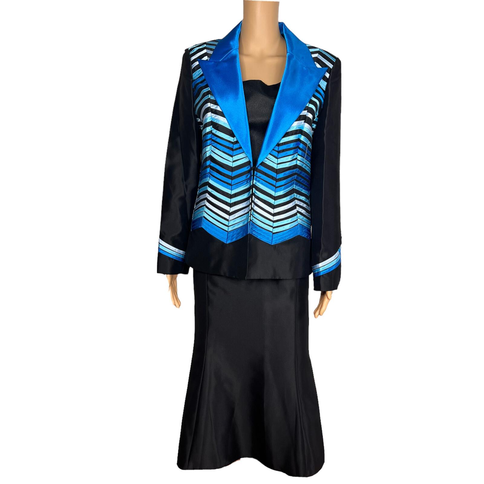 New SUSANNA 3PC Blue Black Ruffle Polyester Lined Cocktail Skirt Suit Top SZ 10