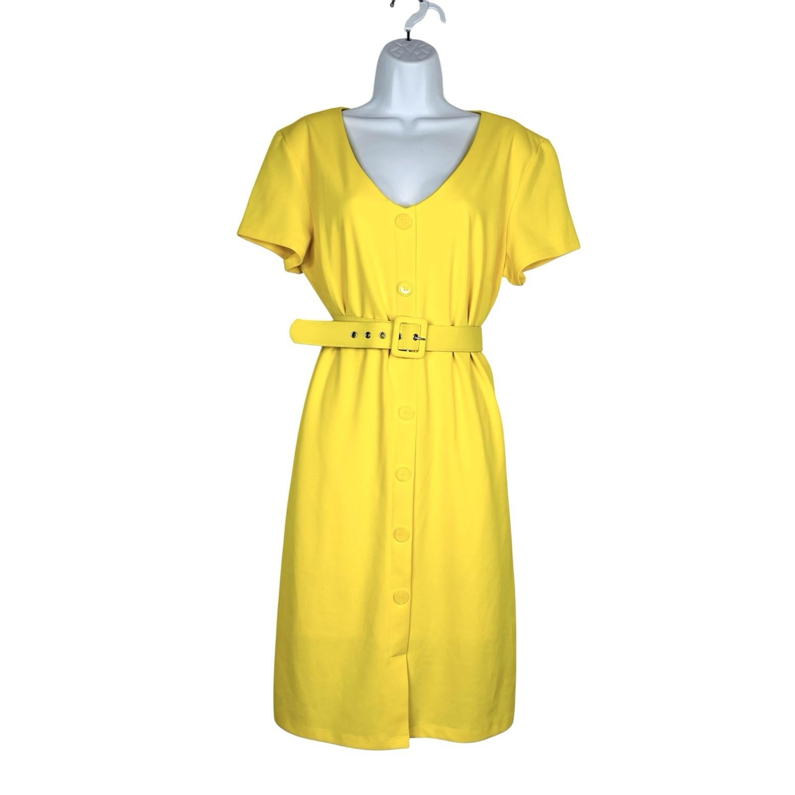 New York & Company Knee Length Sheath Dress Size XL Yellow Stretch V Neck Belted