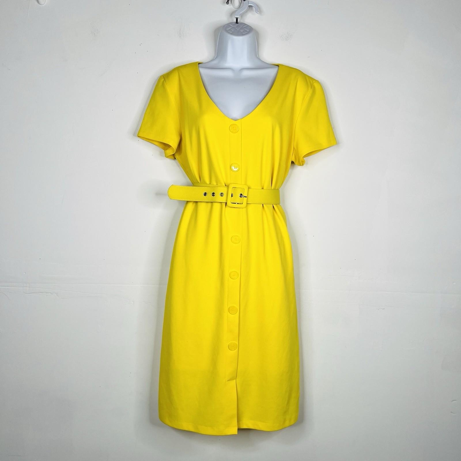 New York & Company Knee Length Sheath Dress Size XL Yellow Stretch V Neck Belted