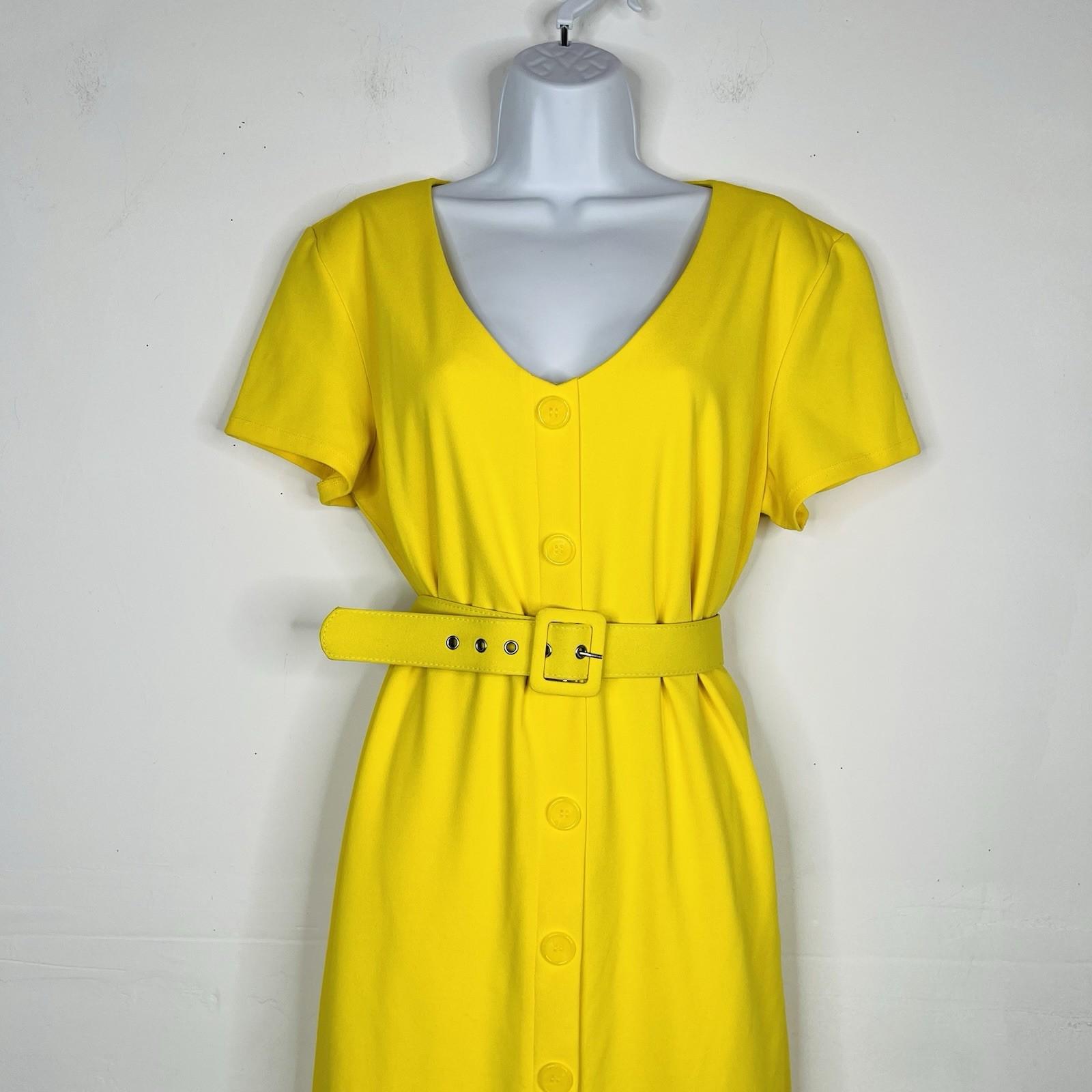 New York & Company Knee Length Sheath Dress Size XL Yellow Stretch V Neck Belted