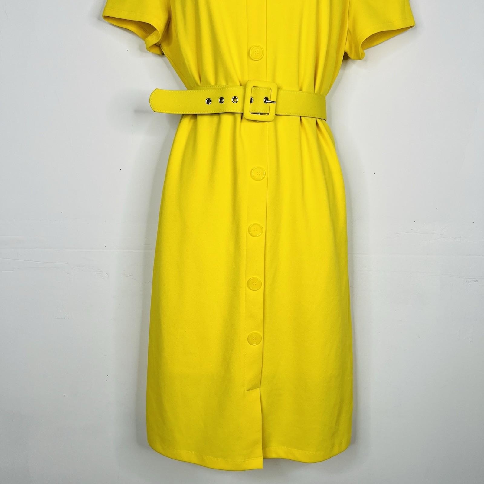 New York & Company Knee Length Sheath Dress Size XL Yellow Stretch V Neck Belted