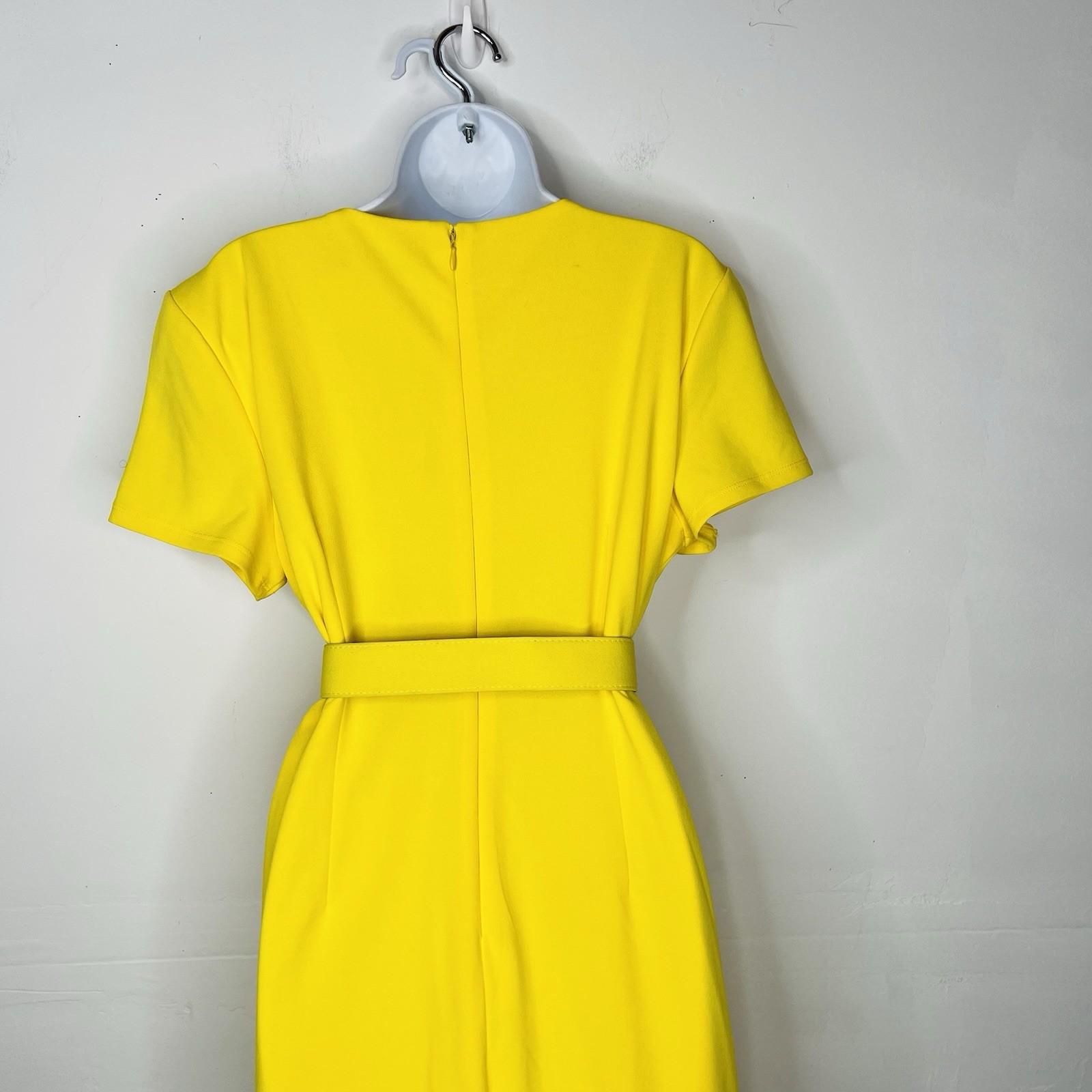 New York & Company Knee Length Sheath Dress Size XL Yellow Stretch V Neck Belted