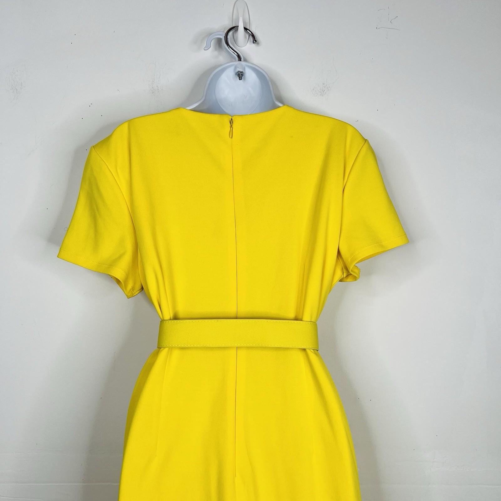 New York & Company Knee Length Sheath Dress Size XL Yellow Stretch V Neck Belted