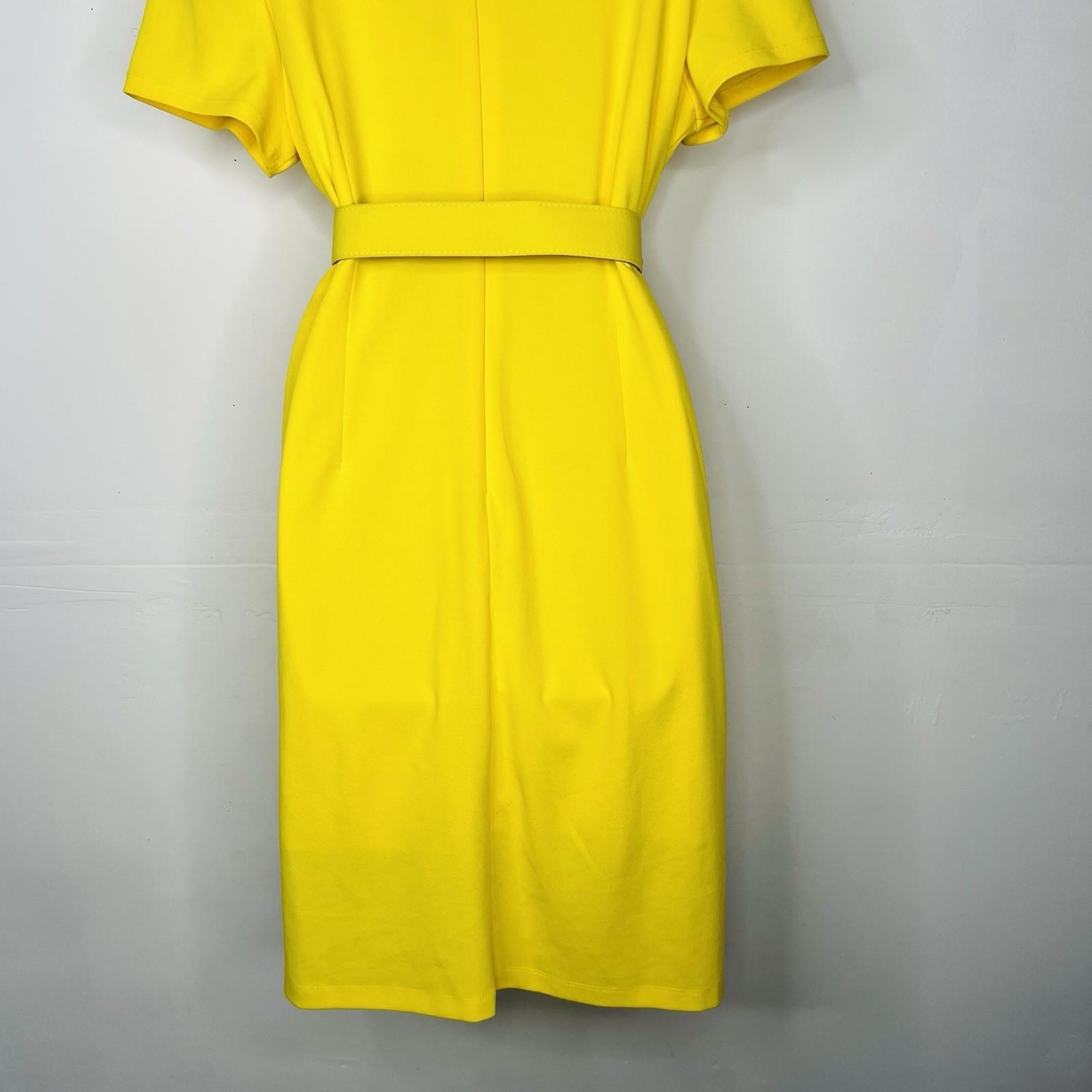 New York & Company Knee Length Sheath Dress Size XL Yellow Stretch V Neck Belted