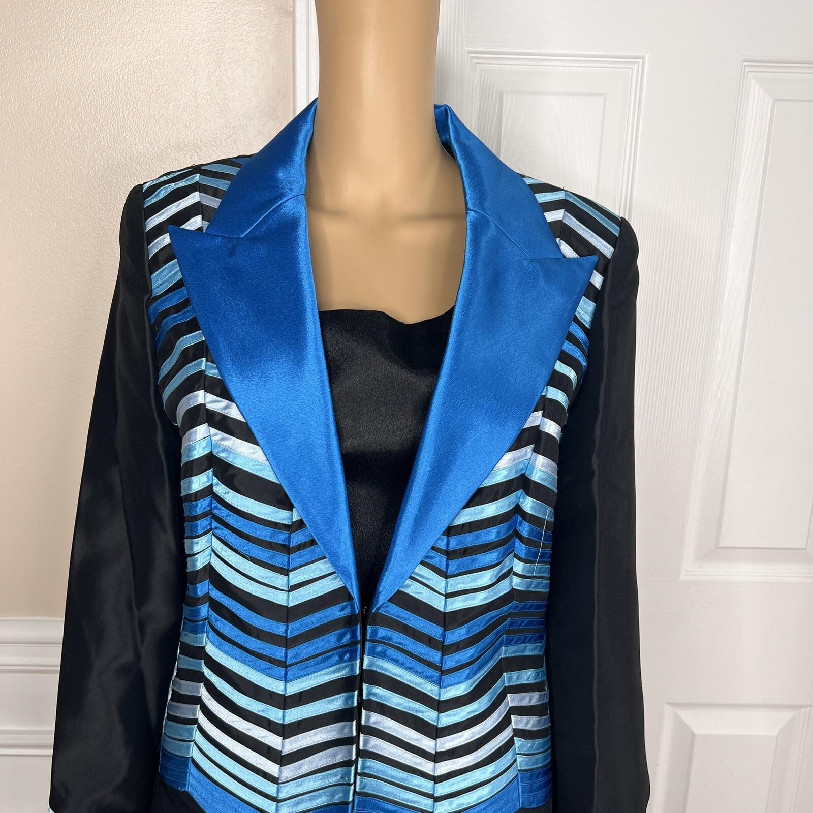 New SUSANNA 3PC Blue Black Ruffle Polyester Lined Cocktail Skirt Suit Top SZ 10
