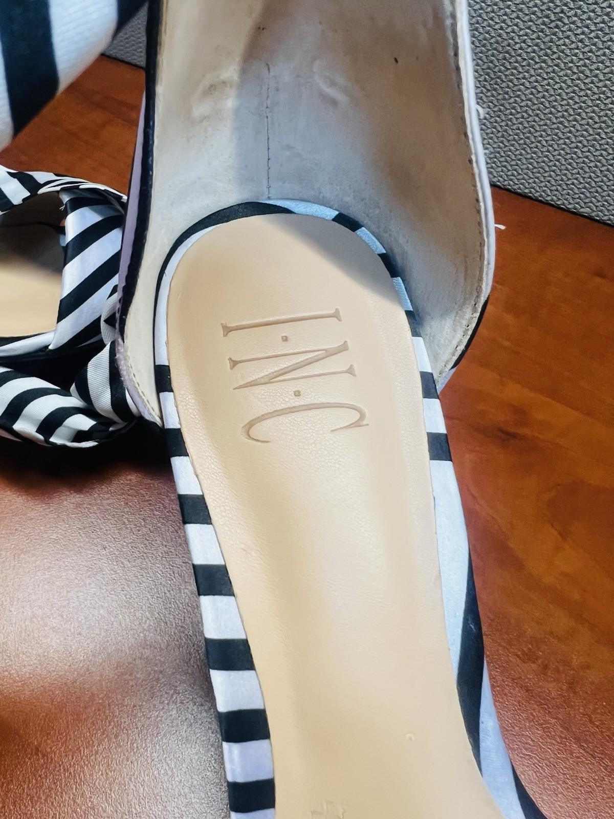 INC International Concepts Block Heel Shoes 9M Black White Striped Tie Up Ribbon