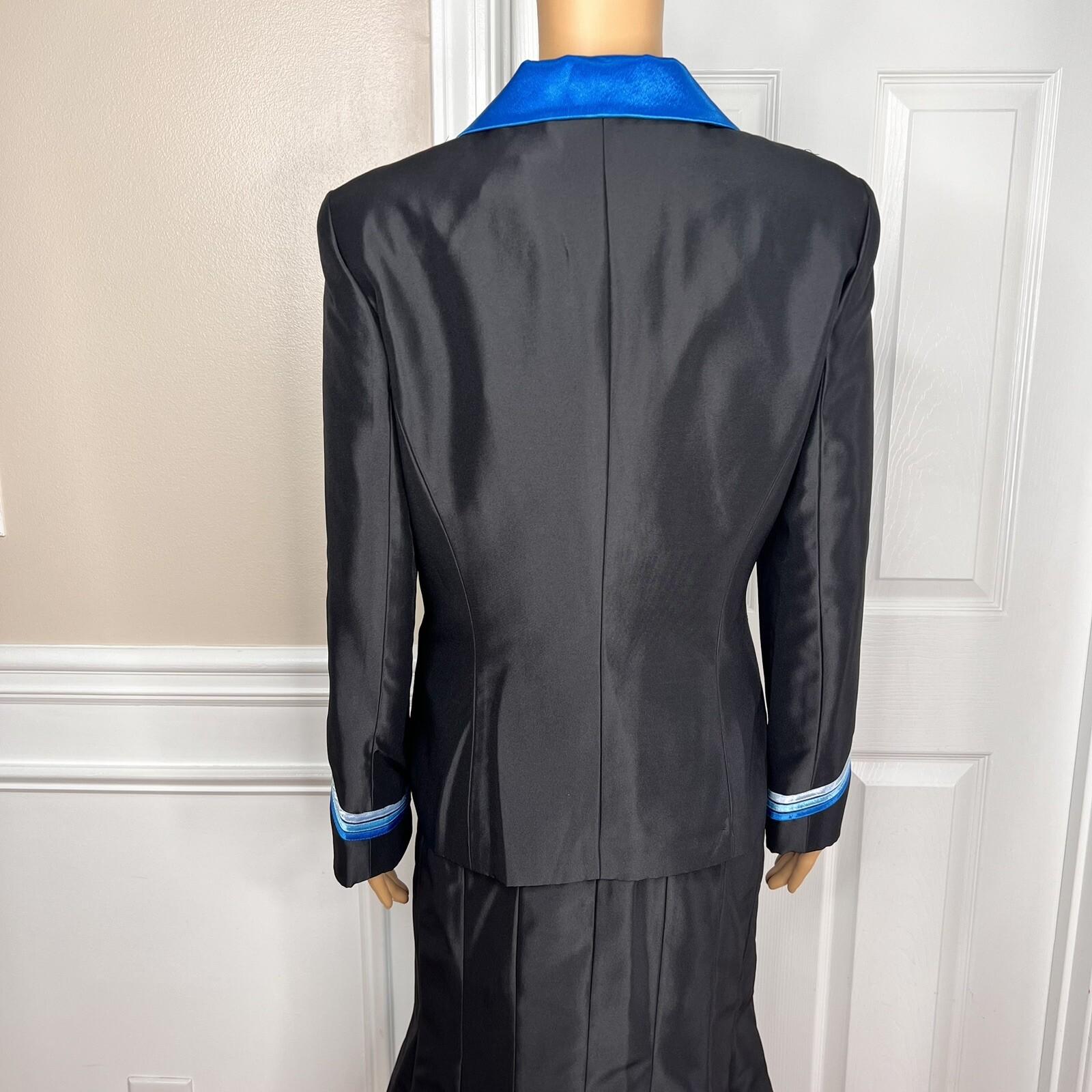 New SUSANNA 3PC Blue Black Ruffle Polyester Lined Cocktail Skirt Suit Top SZ 10