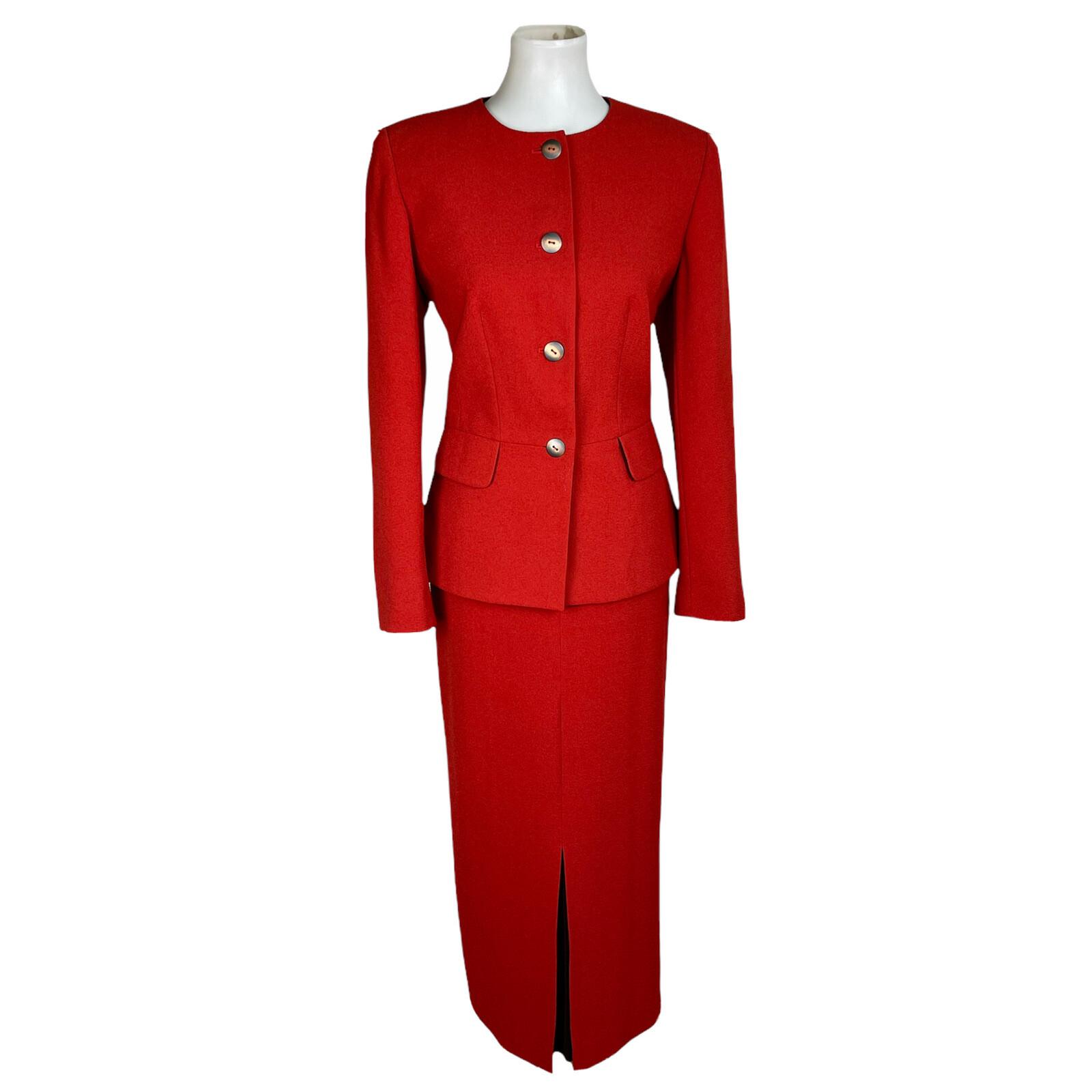 SAG HARBOR 2PC Orange Polyester Lined Collarless Ruffle Skirt Suit Size 8