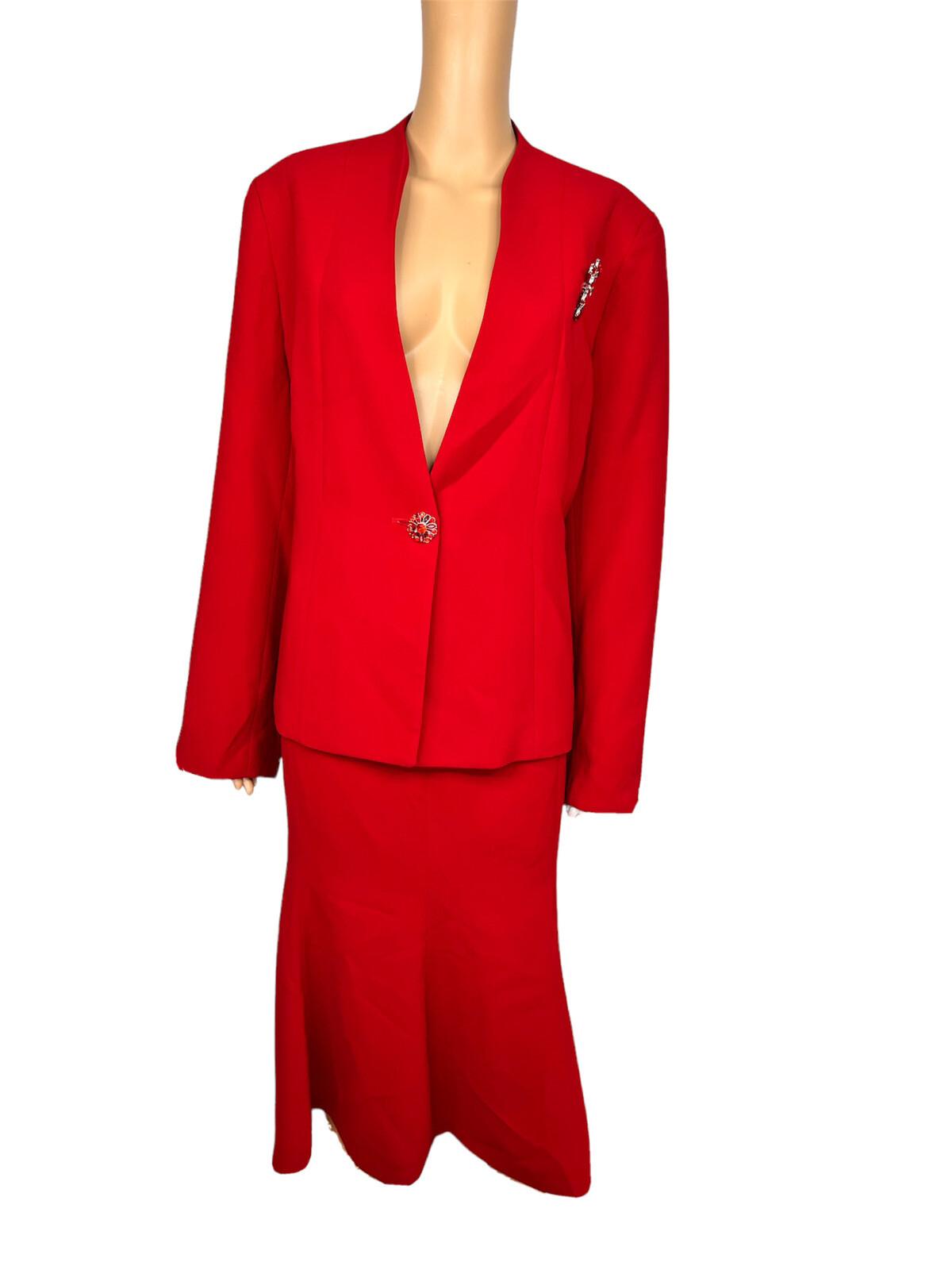 TERRAMINA Women 2PC Red Polyester Collarless Ruffle Cocktail Skirt Suit Size 18