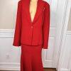 TERRAMINA Women 2PC Red Polyester Collarless Ruffle Cocktail Skirt Suit Size 18