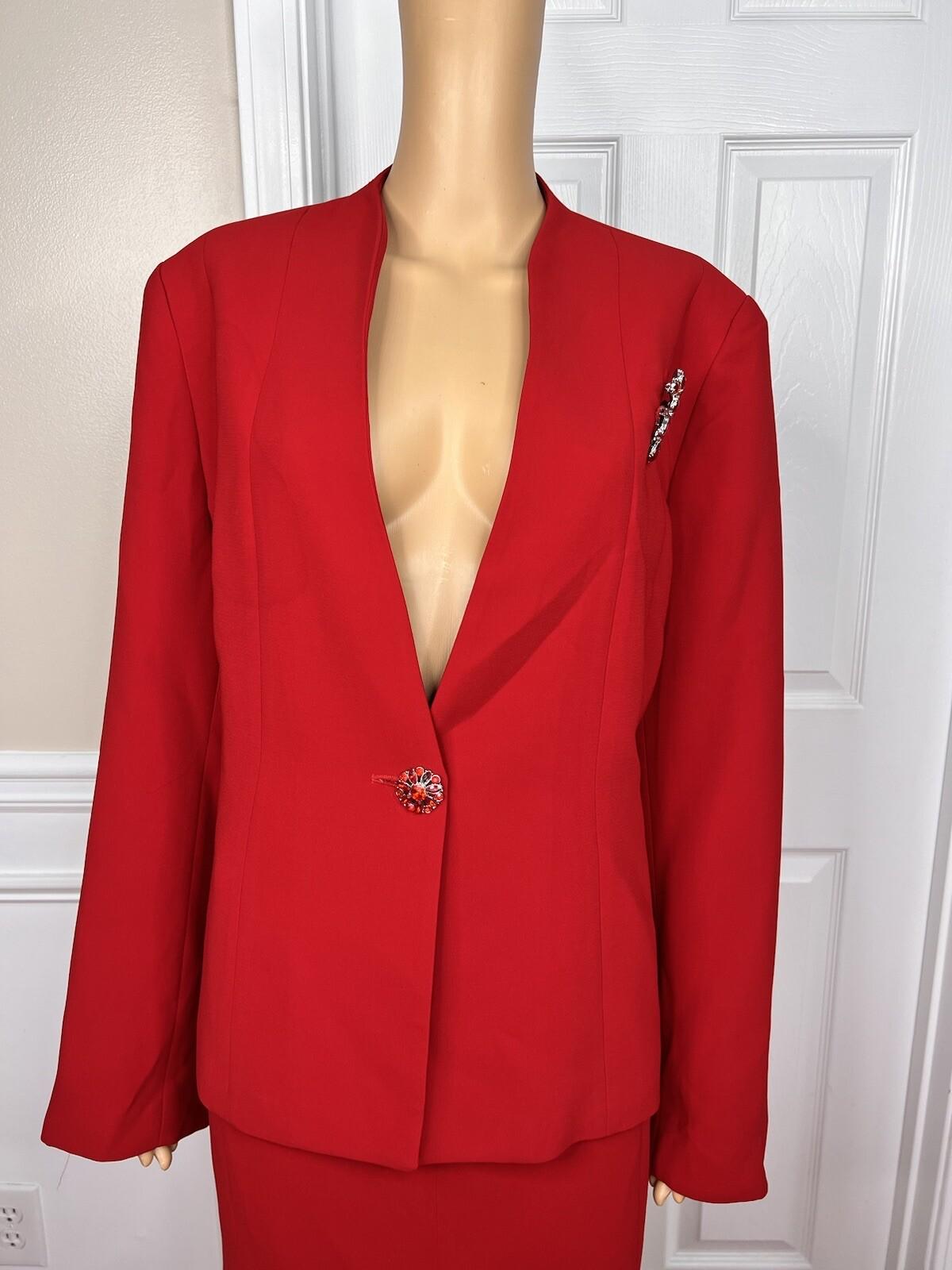 TERRAMINA Women 2PC Red Polyester Collarless Ruffle Cocktail Skirt Suit Size 18