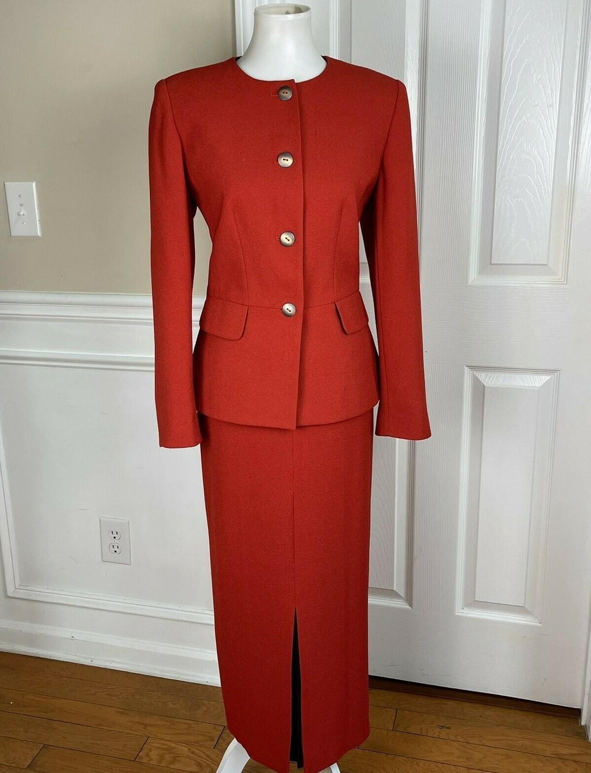 SAG HARBOR 2PC Orange Polyester Lined Collarless Ruffle Skirt Suit Size 8