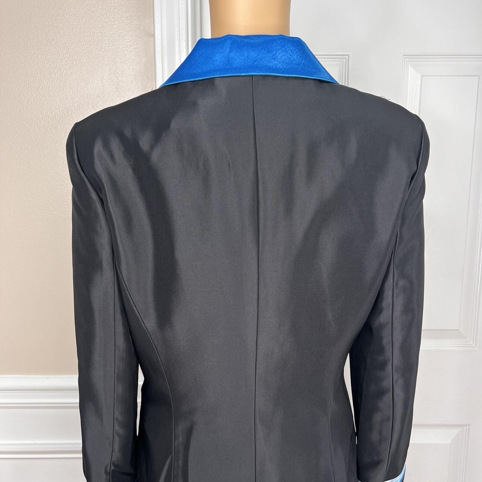 New SUSANNA 3PC Blue Black Ruffle Polyester Lined Cocktail Skirt Suit Top SZ 10