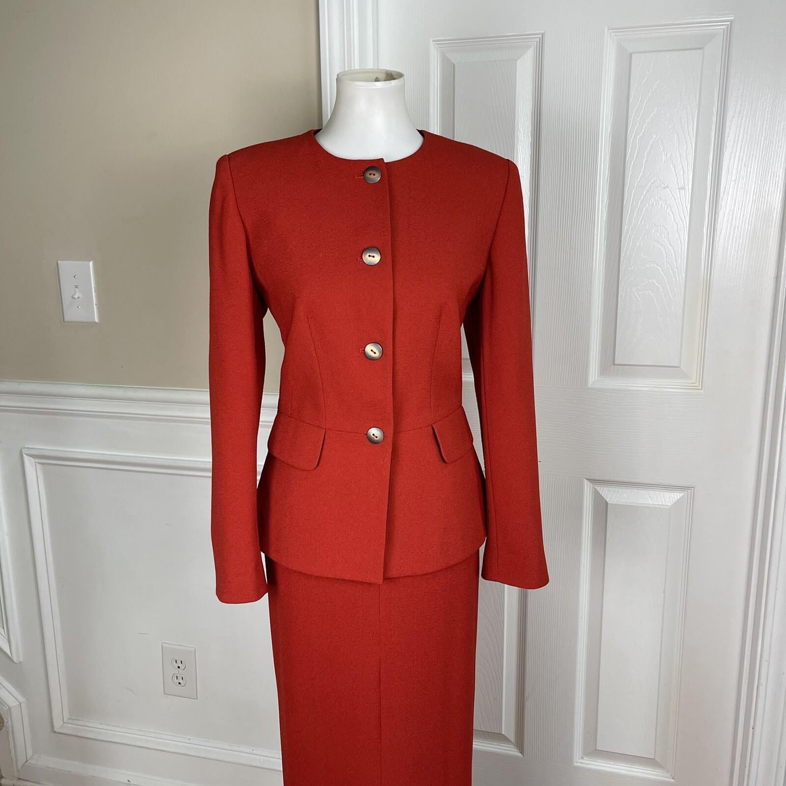 SAG HARBOR 2PC Orange Polyester Lined Collarless Ruffle Skirt Suit Size 8