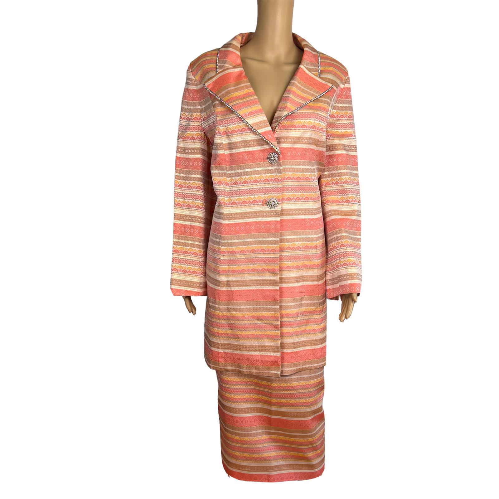 10-3499.jpg MOSHITA COUTURE 2PC Multicolor Beaded Acetate Metallic Lined Skirt Suit Size 14