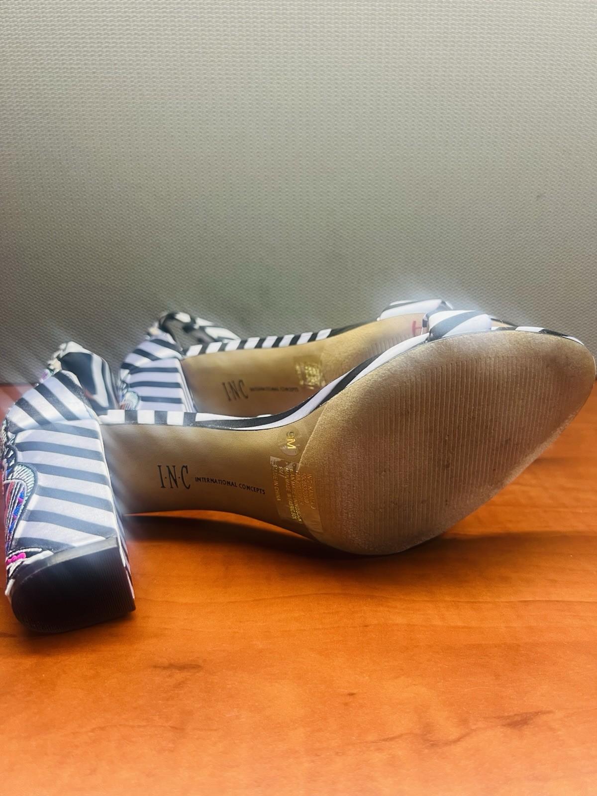 INC International Concepts Block Heel Shoes 9M Black White Striped Tie Up Ribbon