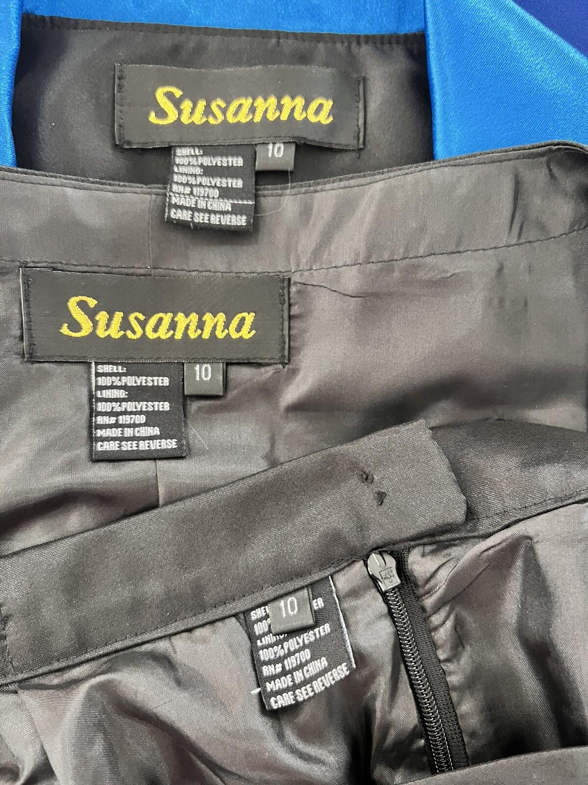 New SUSANNA 3PC Blue Black Ruffle Polyester Lined Cocktail Skirt Suit Top SZ 10